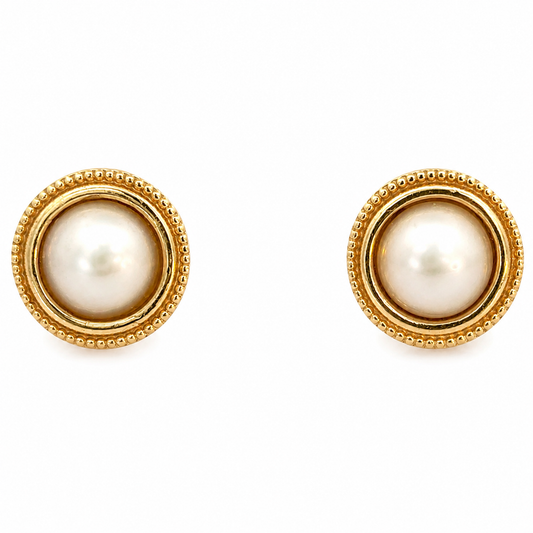 Vintage 14K Yellow Gold Mabe Pearl Earrings with Decorative Beaded Milgrain Edge