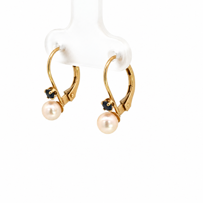 14K Yellow Gold Sapphire & Pearl Lever-Back Earrings