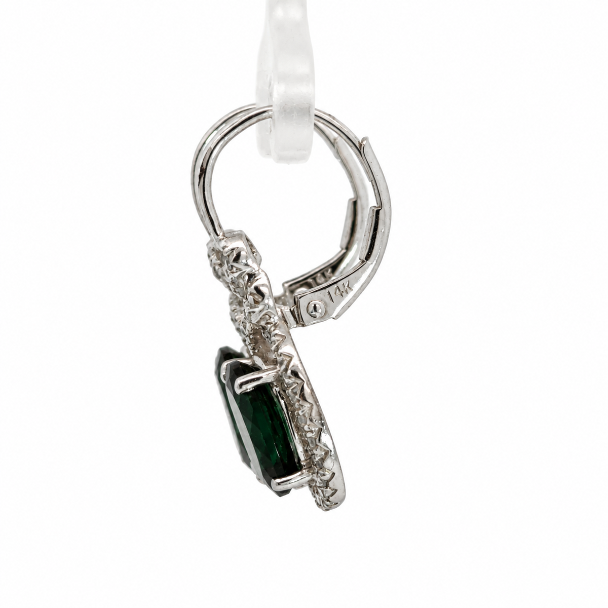14K White Gold Deep Green Garnet & Diamond Halo Drop Earrings