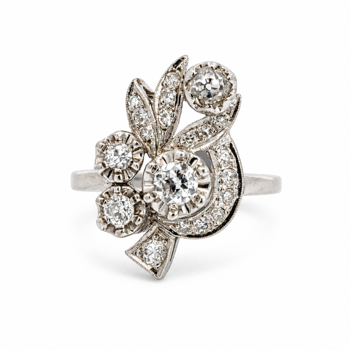 Vintage 14K White Gold Diamond Floral Bouquet Ring