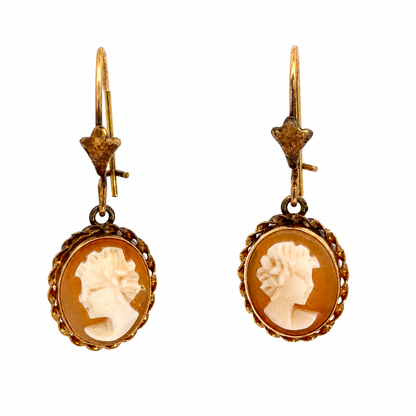 Romantic Vintage Cameo Drop Earrings in Yellow Gold