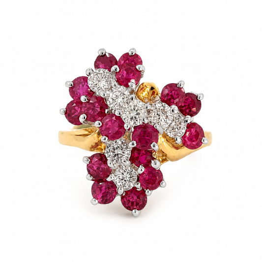 Vintage 14K Yellow & White Gold Ruby Diamond Cocktail Ring | Estate Fine Jewelry