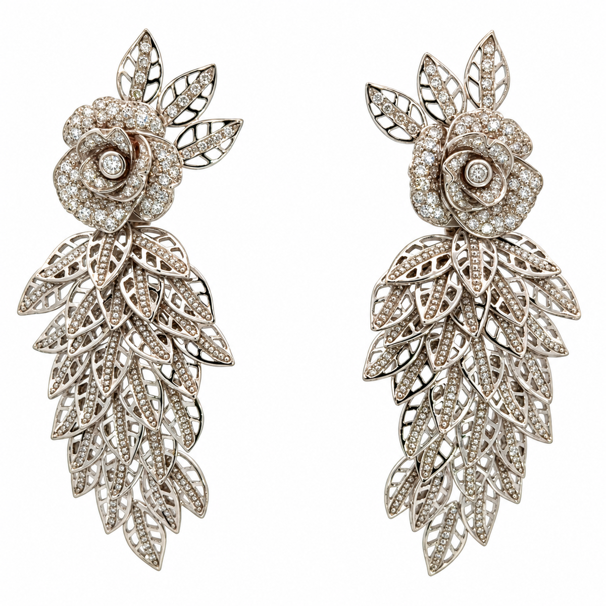 18K White Gold Diamond Rose & Cascading Foliage Earrings