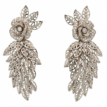 18K White Gold Diamond Rose & Cascading Foliage Earrings