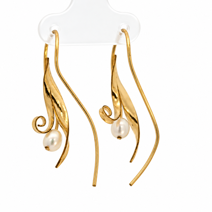 14K Yellow Gold Cultured Pearl Sculptural Leaf Drop Earrings
