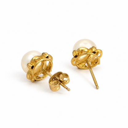 14K Yellow Gold Pearl Floral Stud Earrings