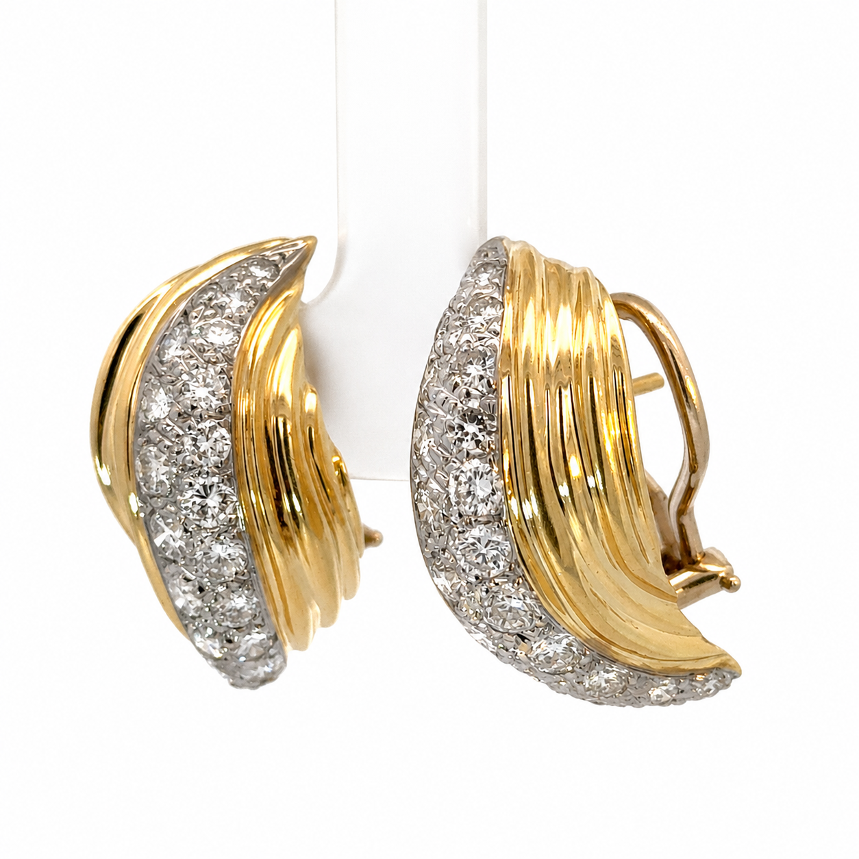 Vintage 14K Yellow Gold Diamond Curved Leaf Earrings