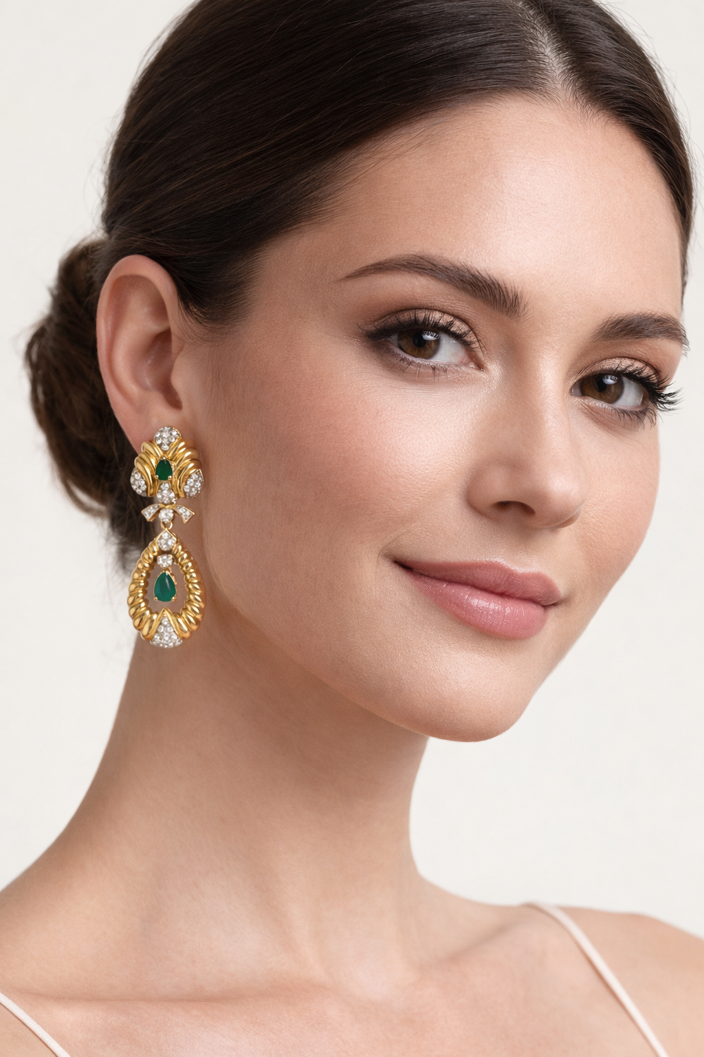 Mid-Century 18K Yellow Gold Emerald Diamond Statement Earrings