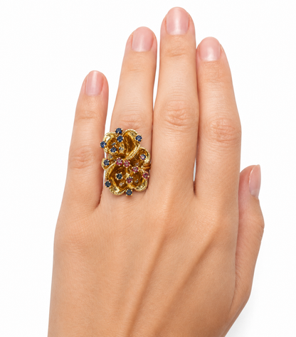 1960’s     Vintage 14K Gold Ruby & Sapphire Double Bloom Ring