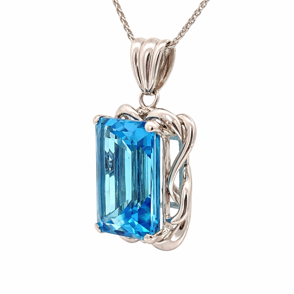 Large Emerald-Cut Blue Topaz Pendant in 14K White Gold