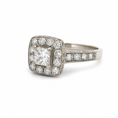 14K White Gold Diamond Halo Estate Ring – Filigree Vintage