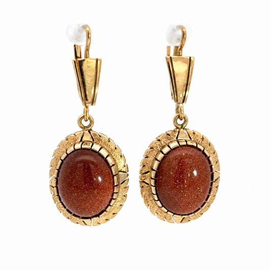 Yellow Gold Sunstone Oval Drop Earrings