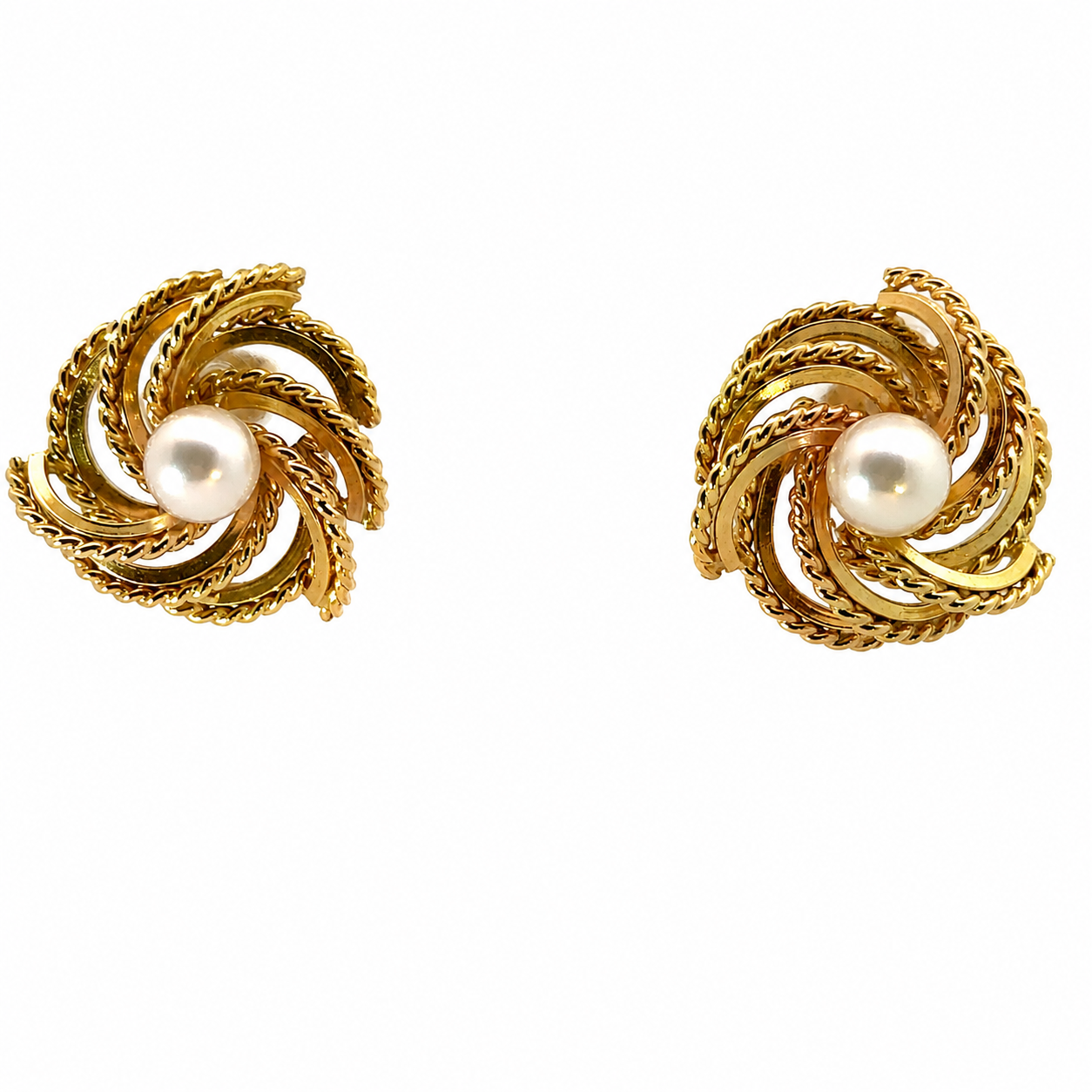 14K Yellow Gold Cultured Pearl Swirl Earrings | Textured Rope Motif
