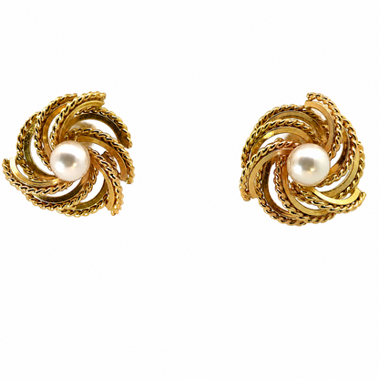 14K Yellow Gold Cultured Pearl Swirl Earrings | Textured Rope Motif