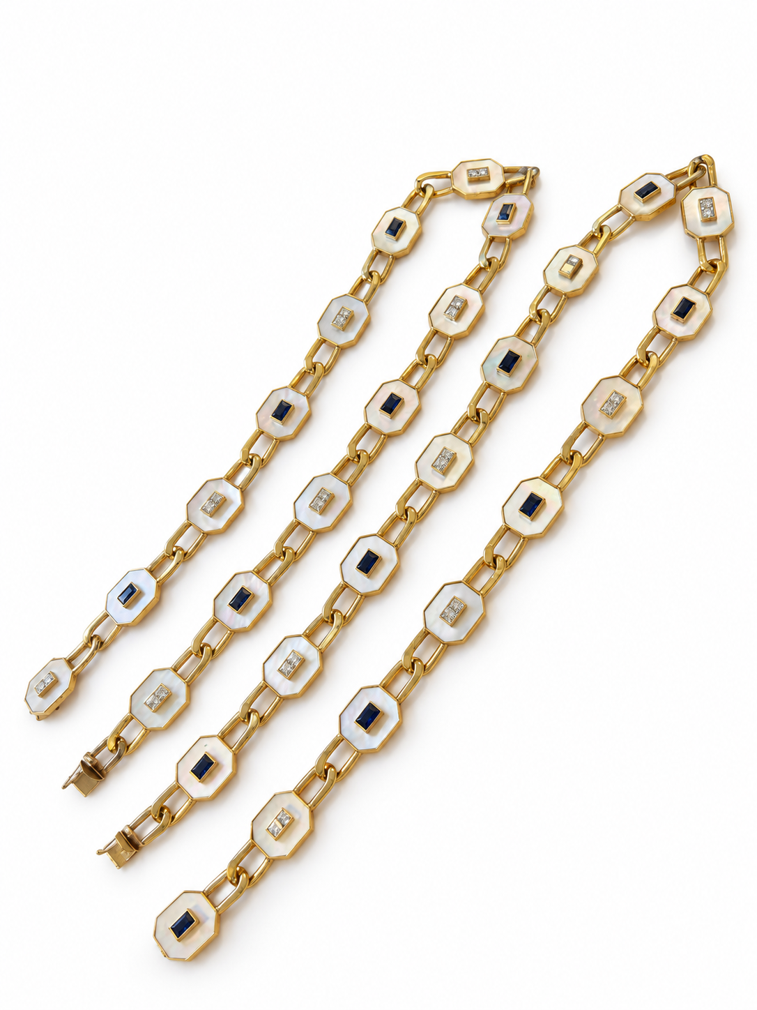 14K Yellow Gold Mother-of-Pearl, Diamond & Sapphire Convertible Necklace — Long Strand, Double Strand or Two Separate Necklaces