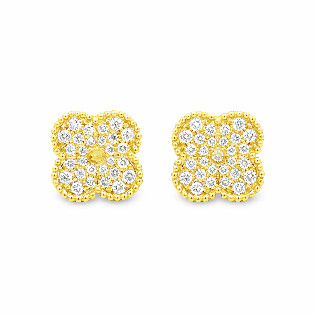 18K Yellow Gold Diamond Clover Stud Earrings