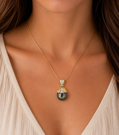 Large Tahitian Pearl Pendant 14K Yellow & White Gold Diamond Accent