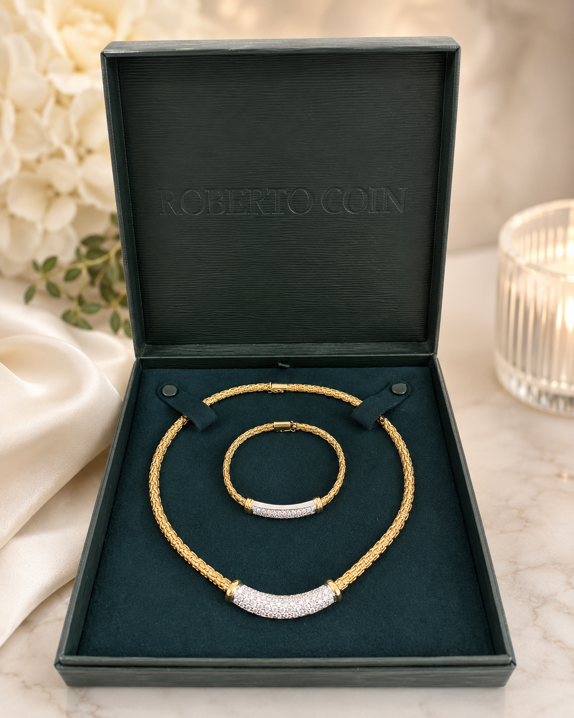 Roberto Coin Diamond Necklace & Bracelet Set – 18K Two-Tone Gold