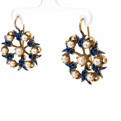 Antique 14K Yellow Gold Blue Enamel Tulip & Pearl Earrings