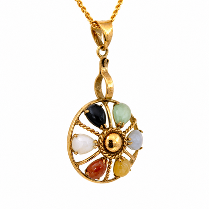 Vintage 14K Yellow Gold Multi-Color Jade Sunburst Pendant