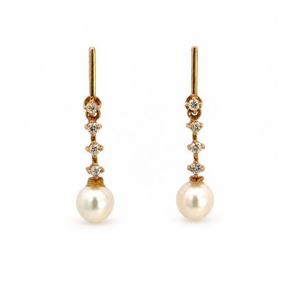 14K Yellow Gold Diamond & Pearl Articulated Drop Earrings