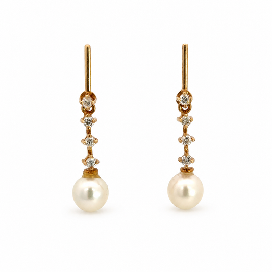 14K Yellow Gold Diamond & Pearl Articulated Drop Earrings