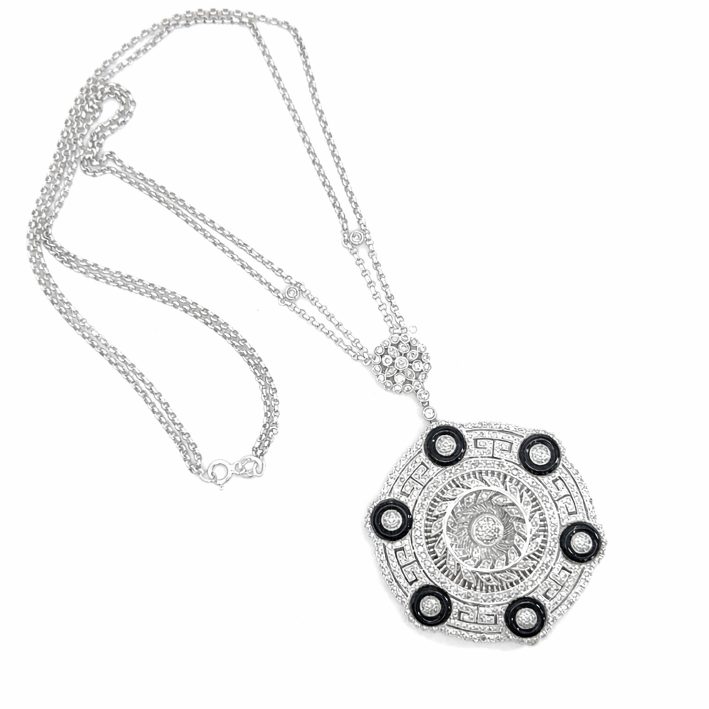 18K White Gold Diamond & Onyx Medallion Necklace