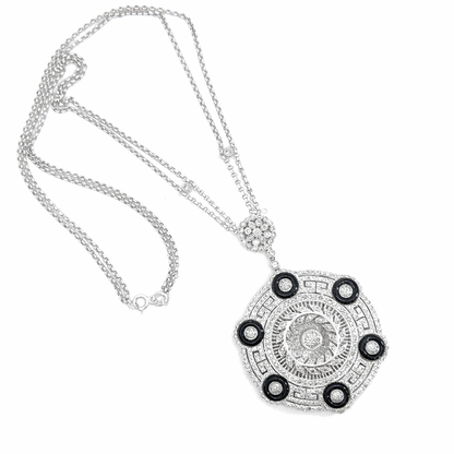 18K White Gold Diamond & Onyx Medallion Necklace