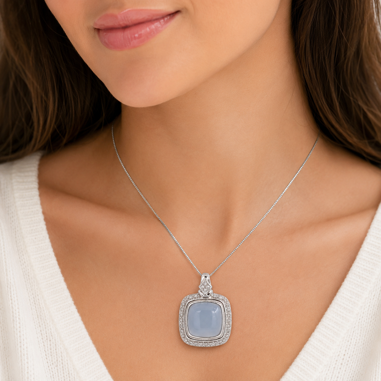14K White Gold Cushion Blue Chalcedony Diamond Pendant