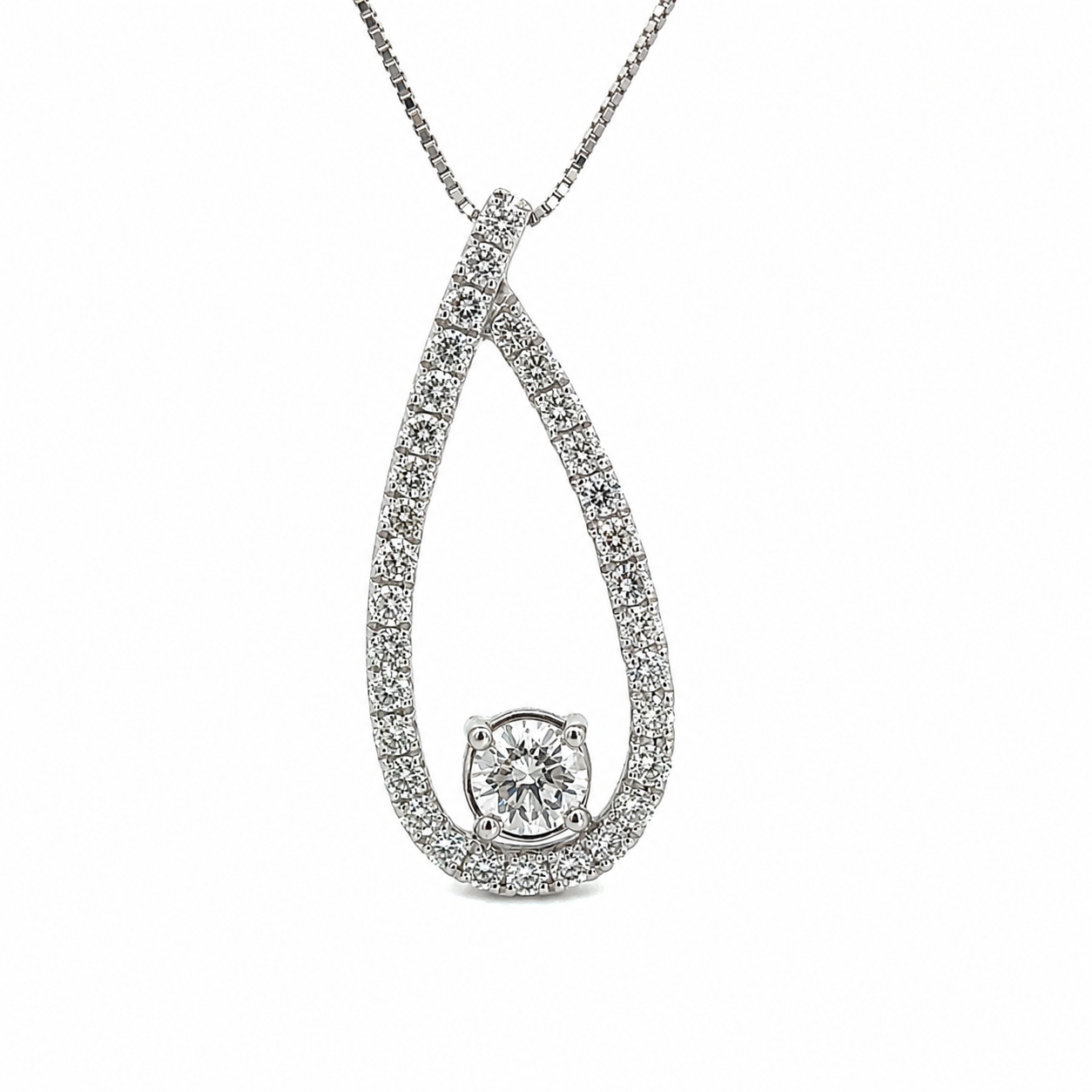 14K White Gold Diamond Drop Necklace with Box Chain