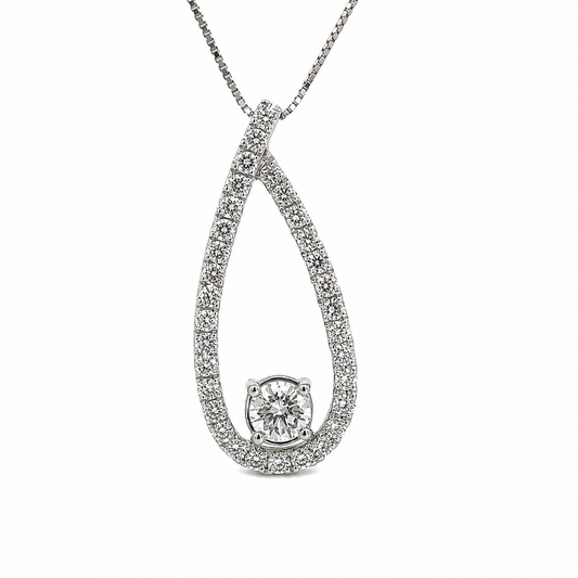 14K White Gold Diamond Drop Necklace with Box Chain