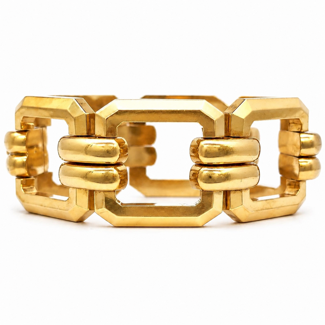 Vintage Italian 14K Yellow Gold Large Geometric Link Statement Bracelet