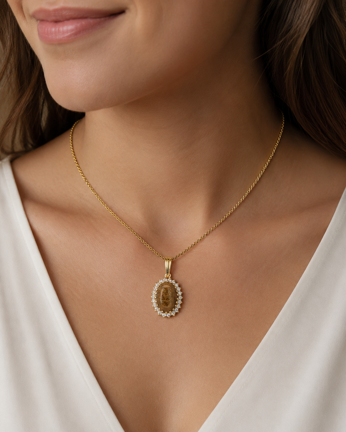 14K Gold Oval Coral Cabochon Diamond Halo Pendant