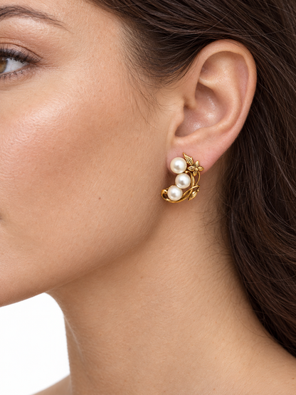 Vintage 14K Yellow Gold Six-Pearl Floral Vine Earrings