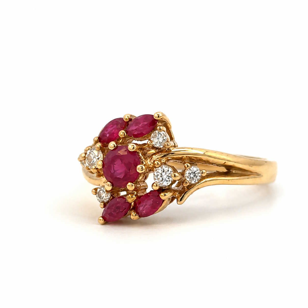 Vintage 14K Yellow Gold Ruby & Diamond Floral Ring