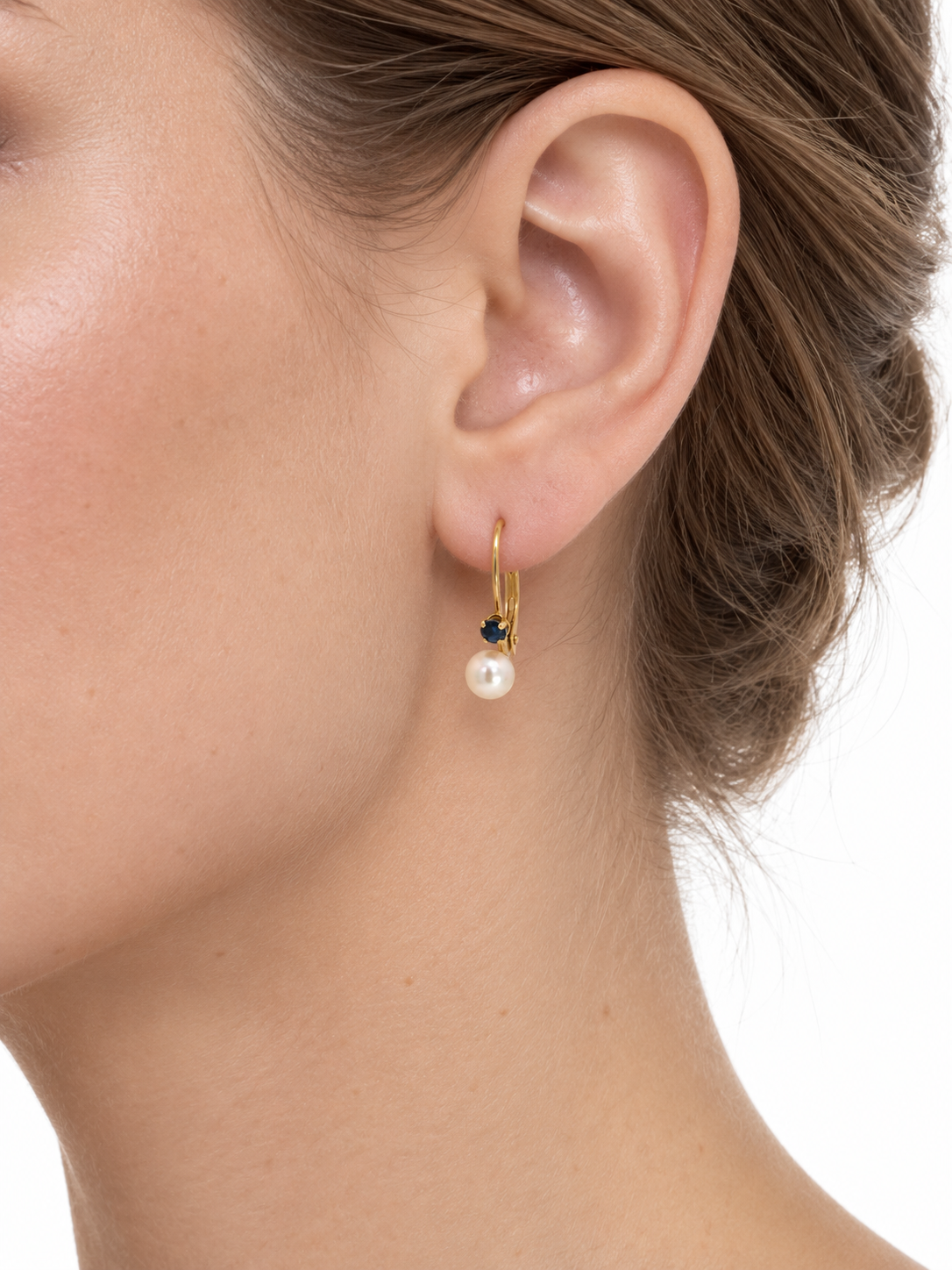14K Yellow Gold Sapphire & Pearl Lever-Back Earrings