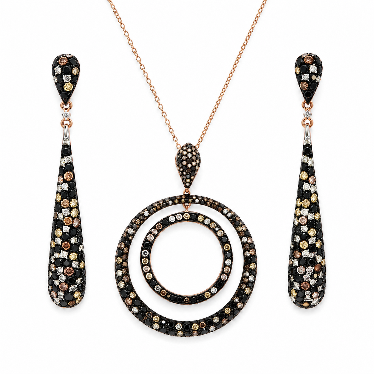 EFFY 14K Rose Gold Diamond Necklace & Earrings Set – Natural Black, Chocolate, Champagne & White Diamonds