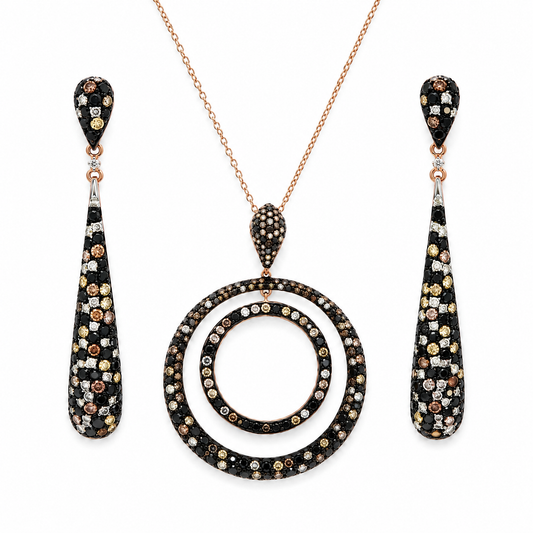 EFFY 14K Rose Gold Diamond Necklace & Earrings Set – Natural Black, Chocolate, Champagne & White Diamonds