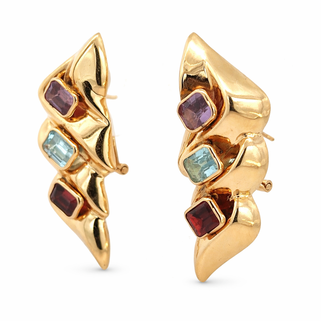 Vintage 14K Gold Multi-Gemstone Earrings – Amethyst Aquamarine Garnet
