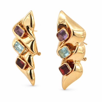 Vintage 14K Gold Multi-Gemstone Earrings – Amethyst Aquamarine Garnet