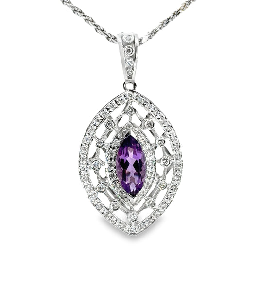 Estate 14K White Gold Marquis Cut Amethyst & Diamond Pendant