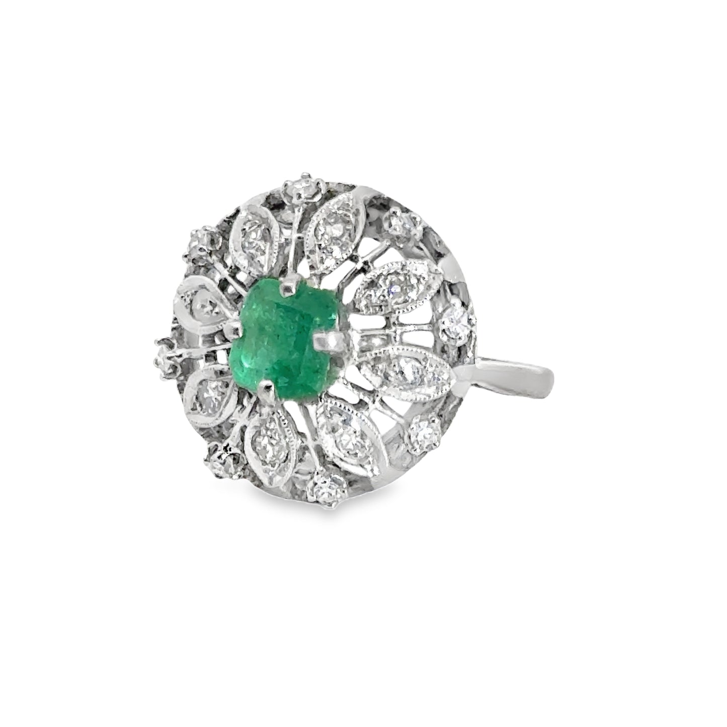 Stunning 14K White Gold Flower Emerald & Diamond Ring