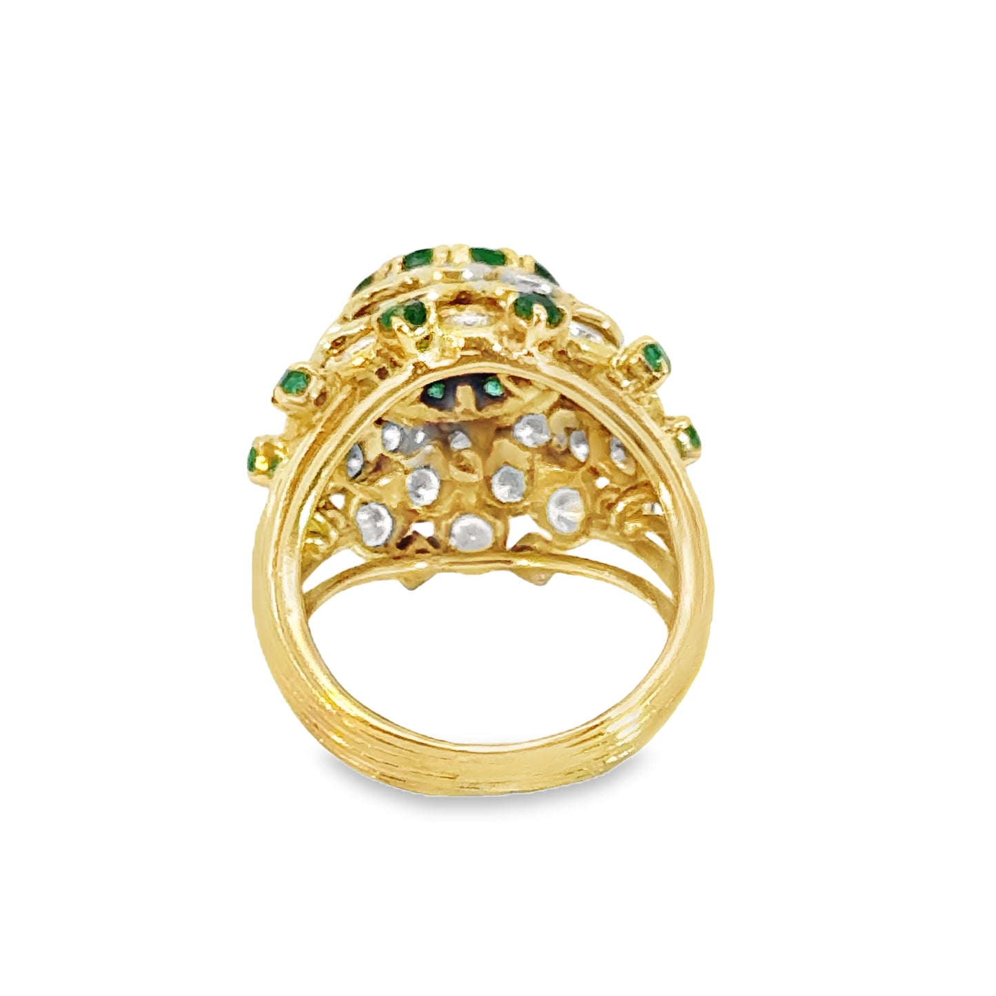 18K Yellow Gold Domed Diamond & Emerald Floral Cocktail Ring