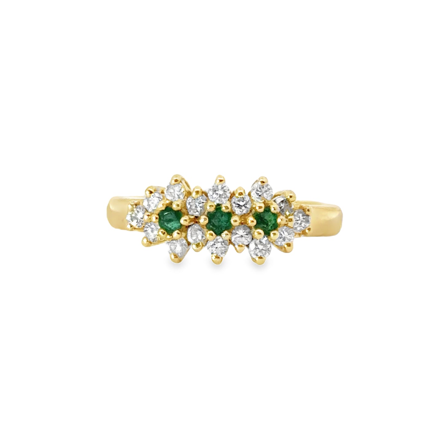 14K Yellow Gold Flower Motif Emerald & Diamond Ring