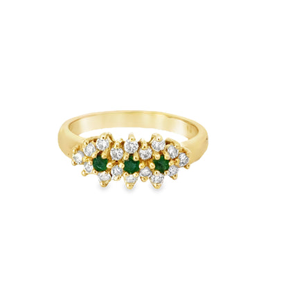 14K Yellow Gold Flower Motif Emerald & Diamond Ring