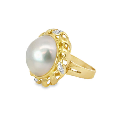 Lovely 14K Yellow Gold Pearl & Diamond Ring