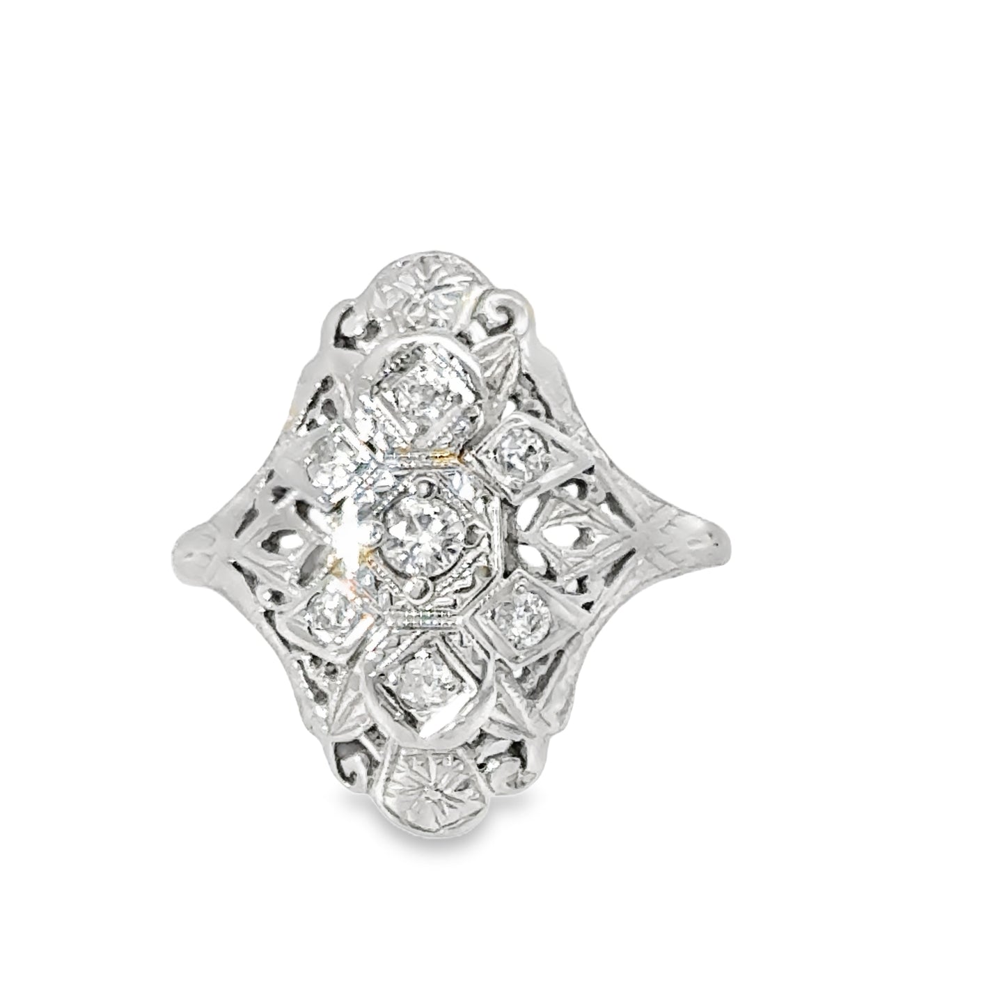 14K White Gold & Diamond Filigree Antique Engagement Ring