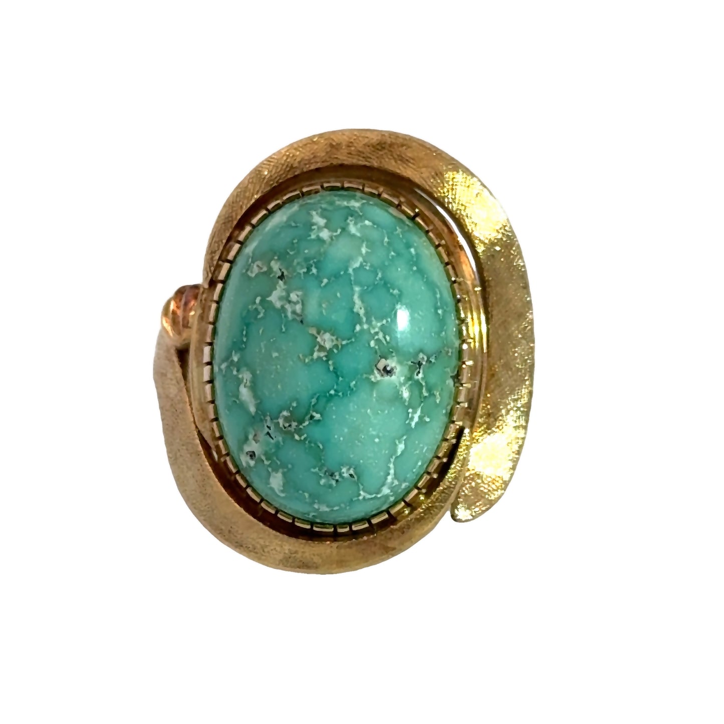 Mid-Century Retro 14K Yellow Gold Blue-Green Turquoise Ring