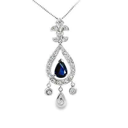 14K White Gold Ornate Sapphire & Diamond Pendant