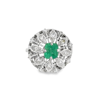 Stunning 14K White Gold Flower Emerald & Diamond Ring